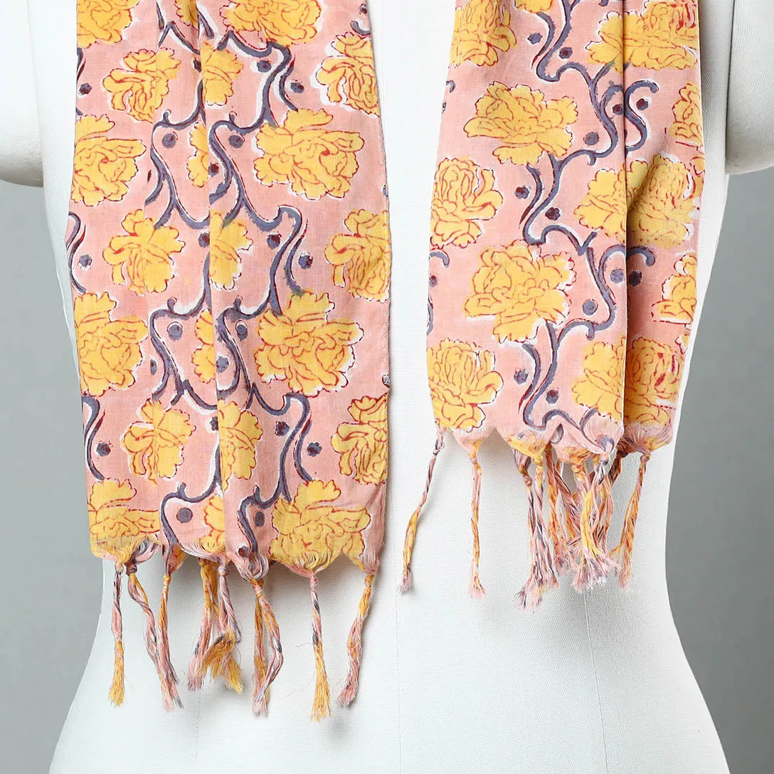 Peach - Sanganeri Block Printed Cotton Stole with Tassels 27