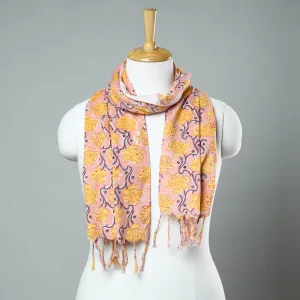 Peach - Sanganeri Block Printed Cotton Stole with Tassels 27