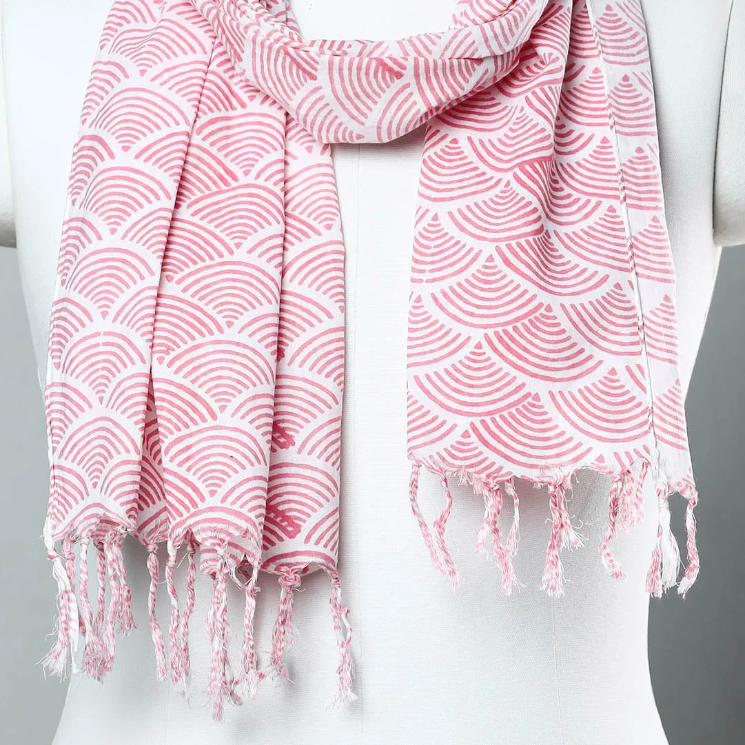 Pink - Sanganeri Block Printed Cotton Stole with Tassels 241