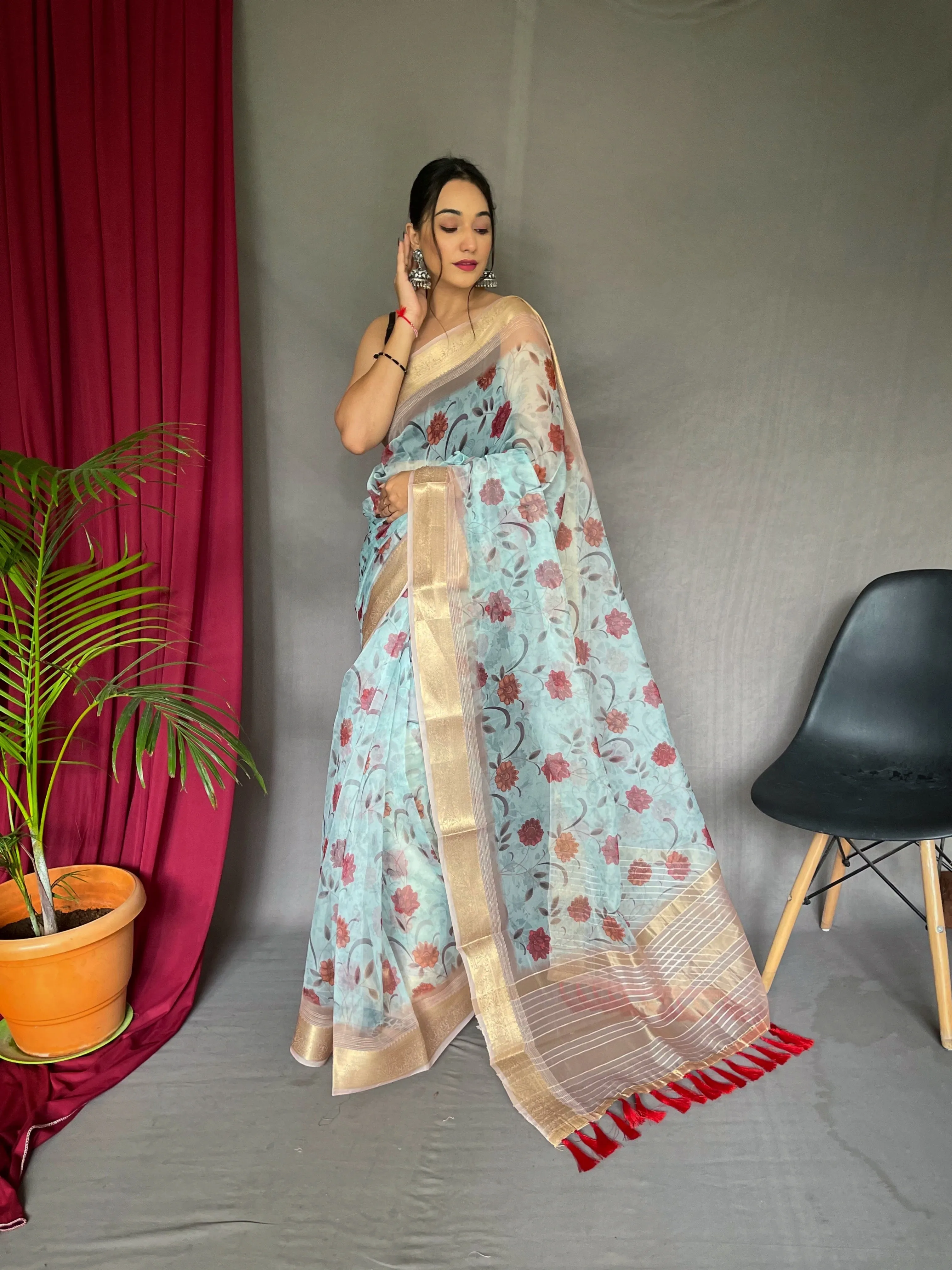 Powder Blue Saree in Organza Floral Printed with Sequins Jacquard