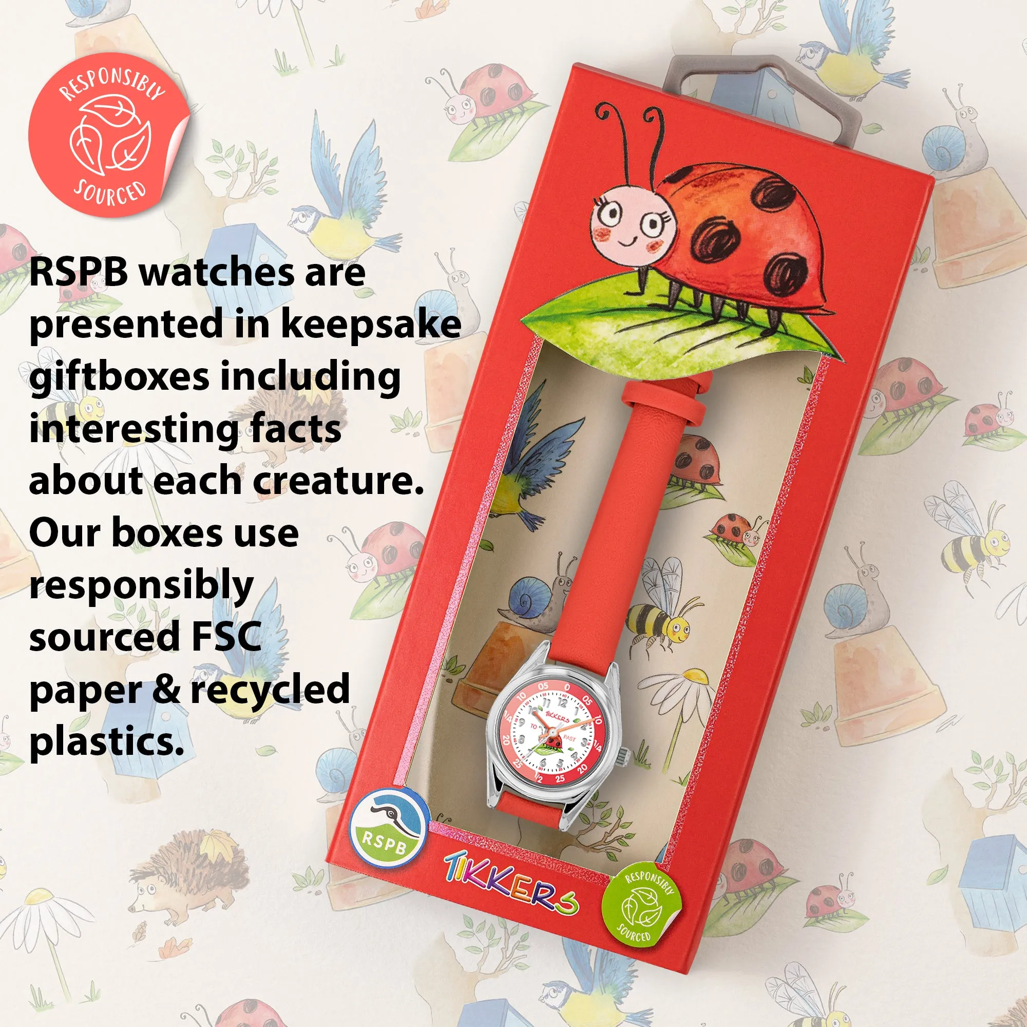 RSPB x Tikkers Ladybird Red Strap Kids Time Teacher Watch