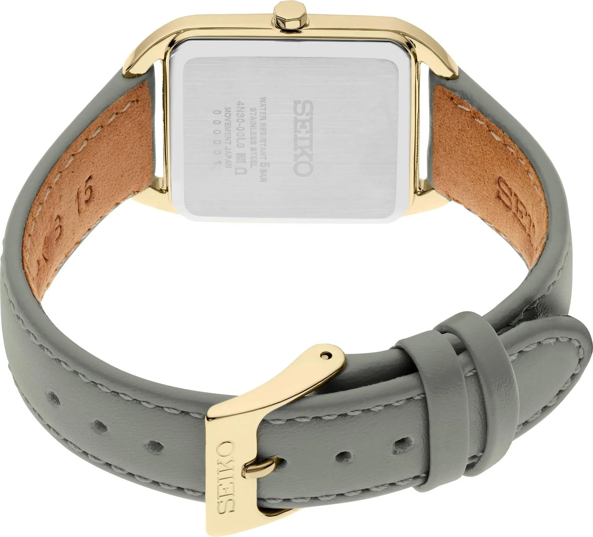 Seiko Essentials Gold Tone Ladies Square Gray Leather Watch SWR090