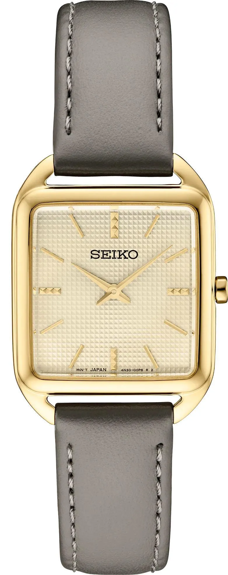 Seiko Essentials Gold Tone Ladies Square Gray Leather Watch SWR090