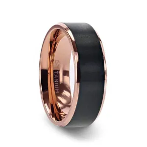 Thorsten STEPHEN Rose Gold Plated Black Titanium Flat Brushed Center Wedding Ring With Beveled Polished Edges - 6mm & 8mm