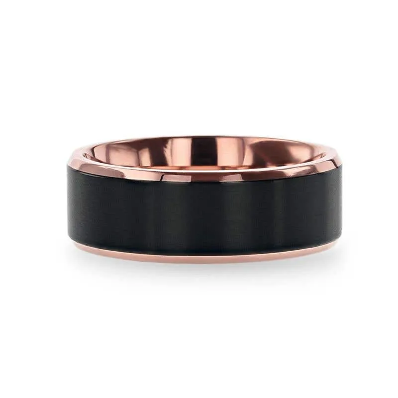 Thorsten STEPHEN Rose Gold Plated Black Titanium Flat Brushed Center Wedding Ring With Beveled Polished Edges - 6mm & 8mm