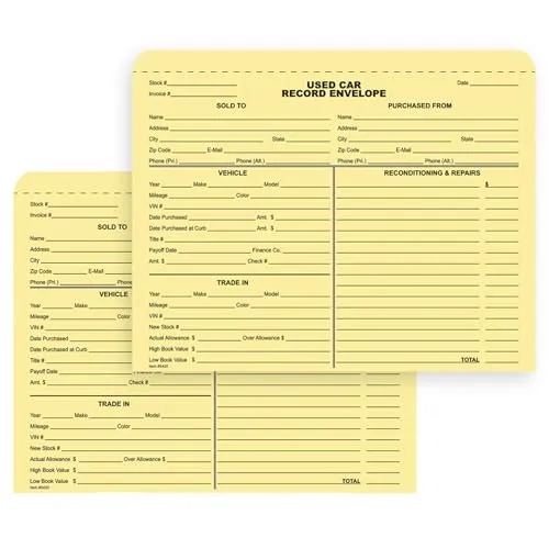 Used Car Record Envelopes for Car Dealerships and Repair Shops - 9-3/8" x 11-3/4" with 1/2" Extension - Durable 100# Buff Stock - Black Ink Printed on Short Side - Shrink-Wrapped Packs