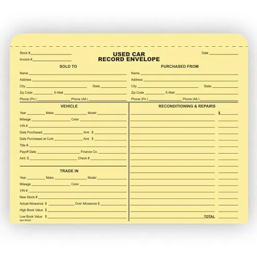 Used Car Record Envelopes for Car Dealerships and Repair Shops - 9-3/8" x 11-3/4" with 1/2" Extension - Durable 100# Buff Stock - Black Ink Printed on Short Side - Shrink-Wrapped Packs