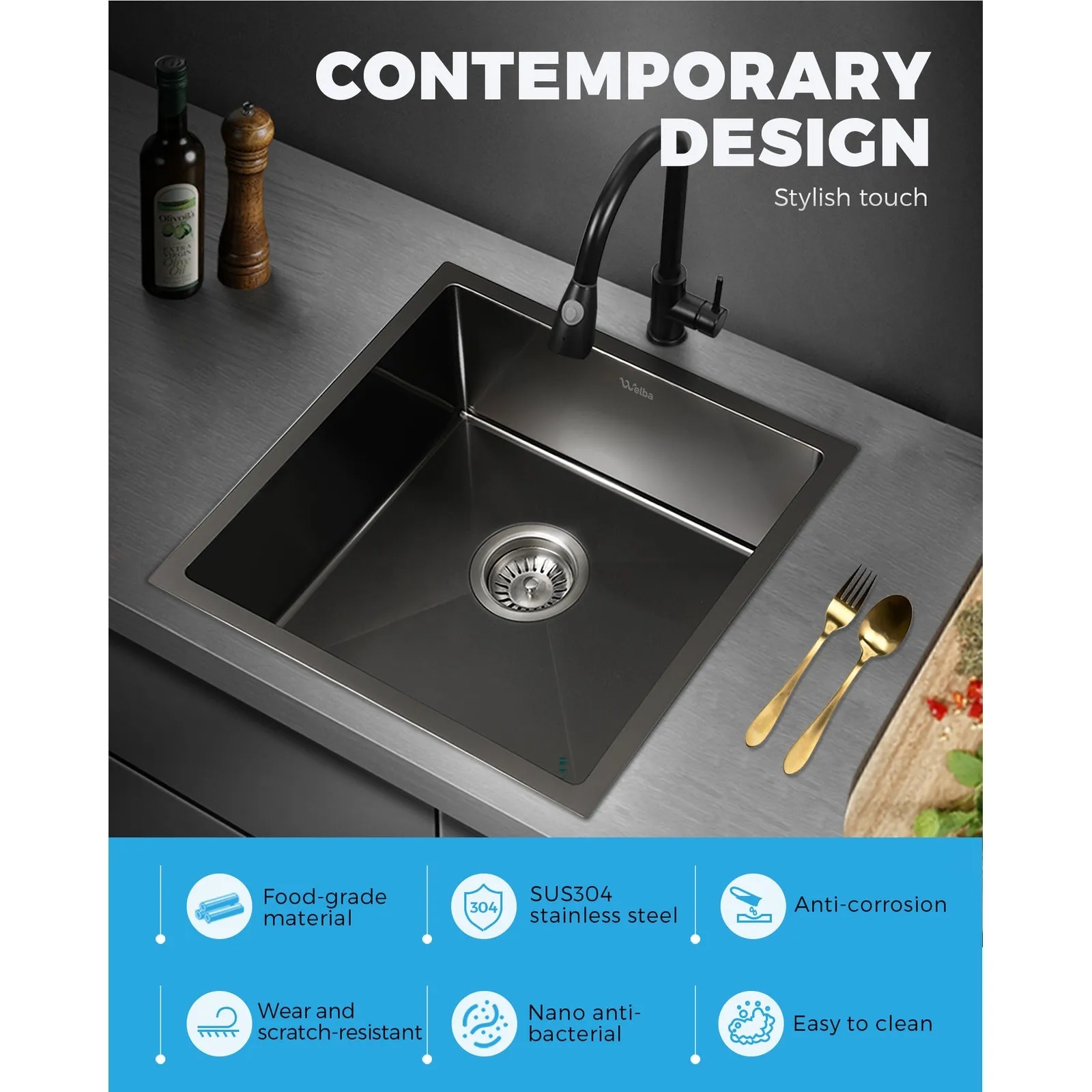 Welba Kitchen Sink Stainless Steel Laundry Sink Under/Top Mount Single Bowl