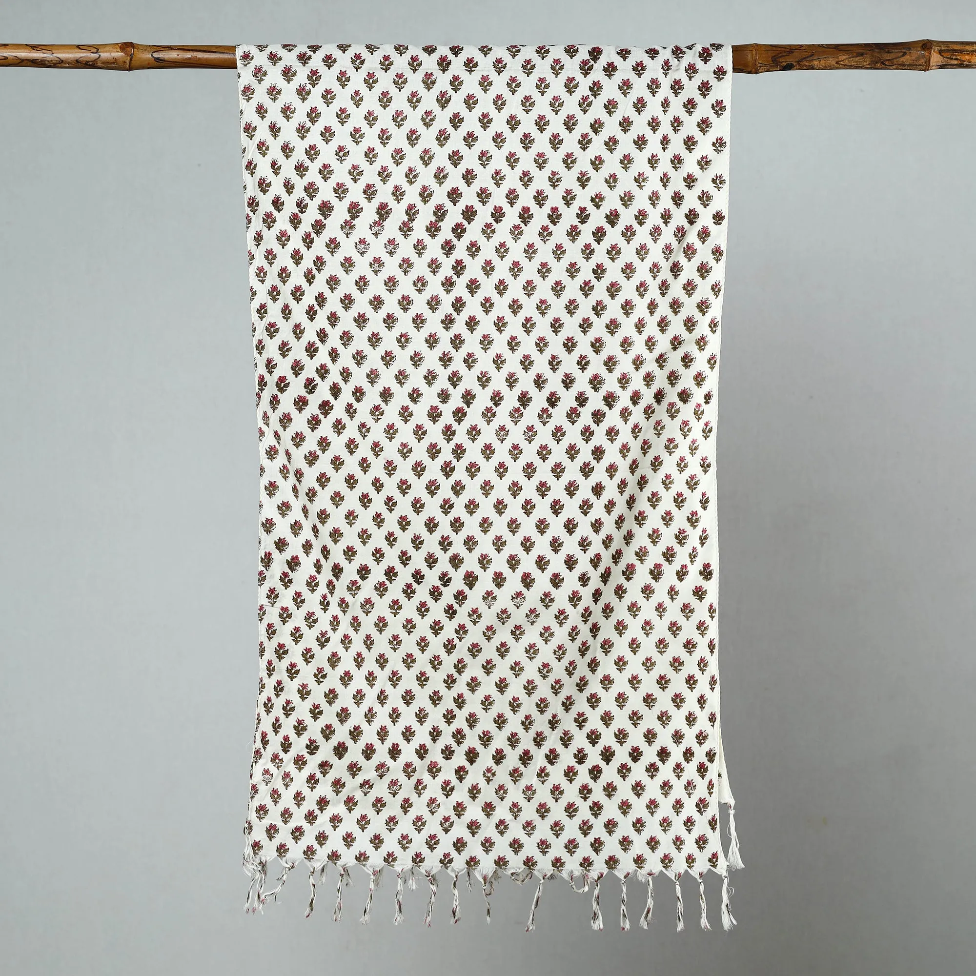 White - Sanganeri Block Printed Cotton Stole with Tassels 19