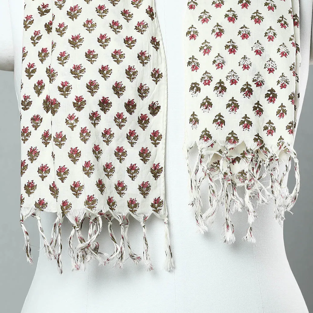 White - Sanganeri Block Printed Cotton Stole with Tassels 19