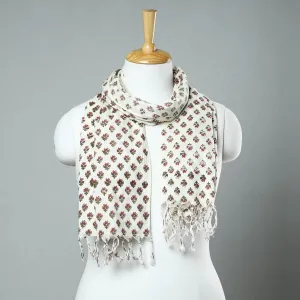 White - Sanganeri Block Printed Cotton Stole with Tassels 19