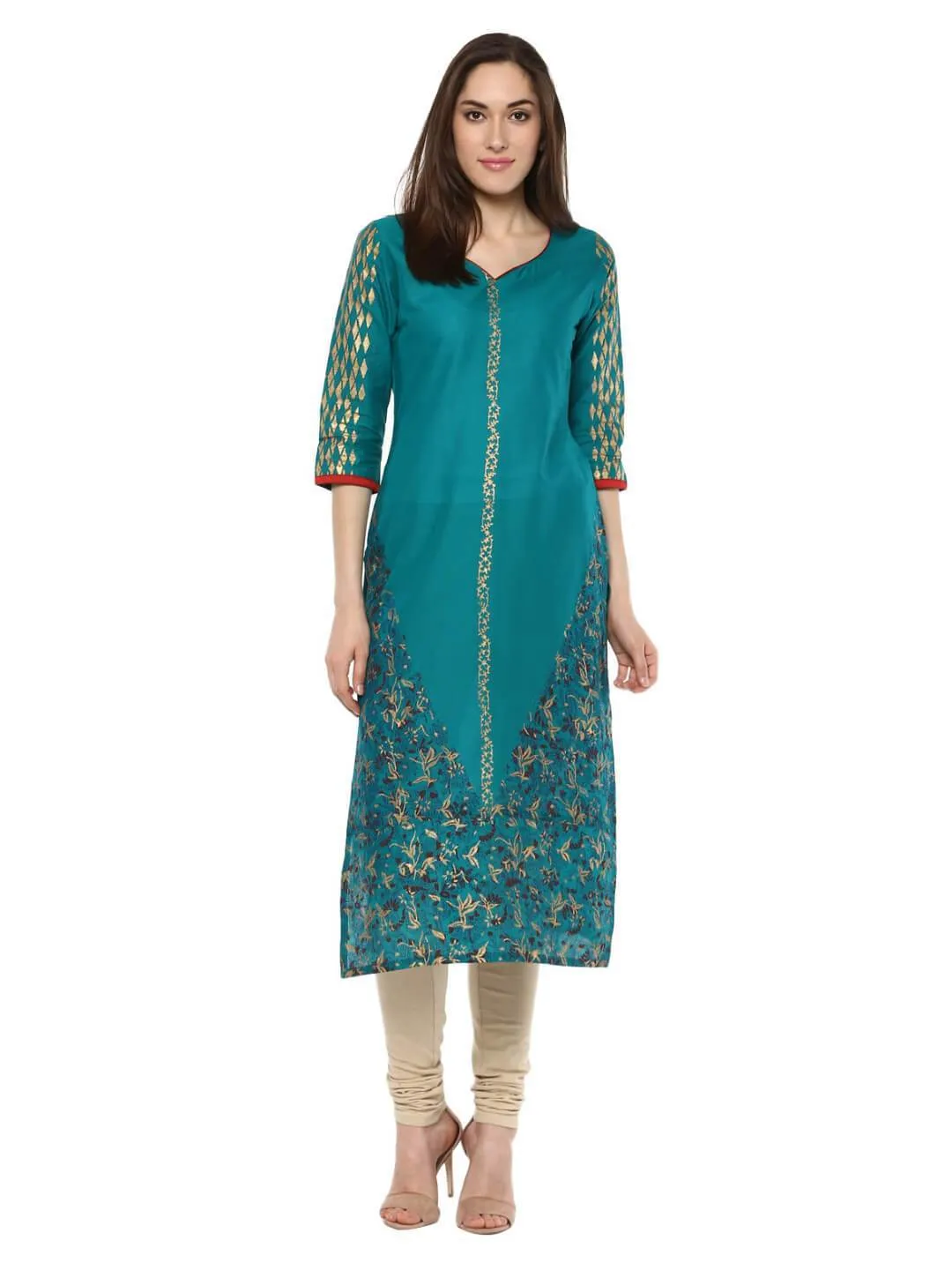 Women Firozi Blue Geometric Ajrakh Hand Block Cotton Printed Straight Kurta - Inayat