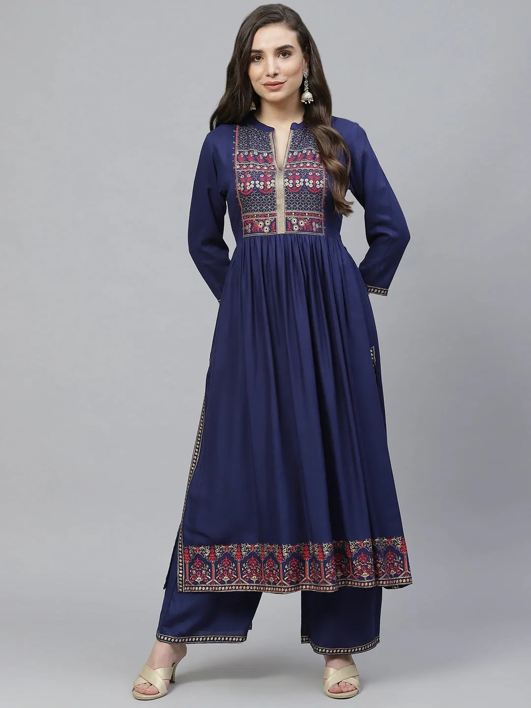 Women Navy Blue And Red Embroidered Kurta