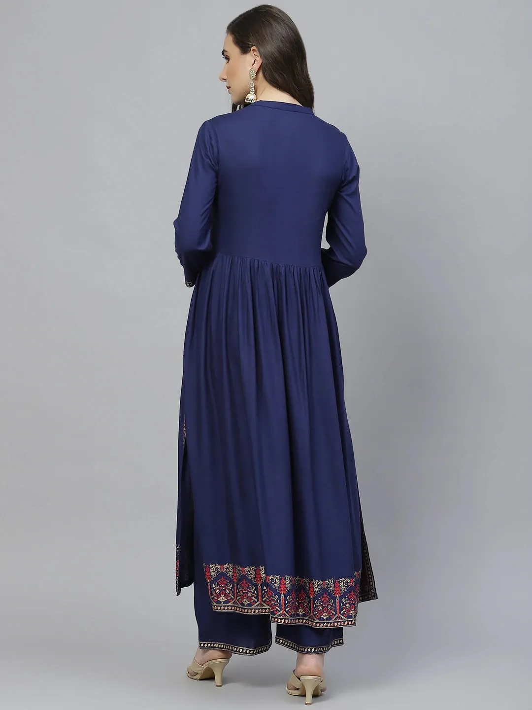 Women Navy Blue And Red Embroidered Kurta