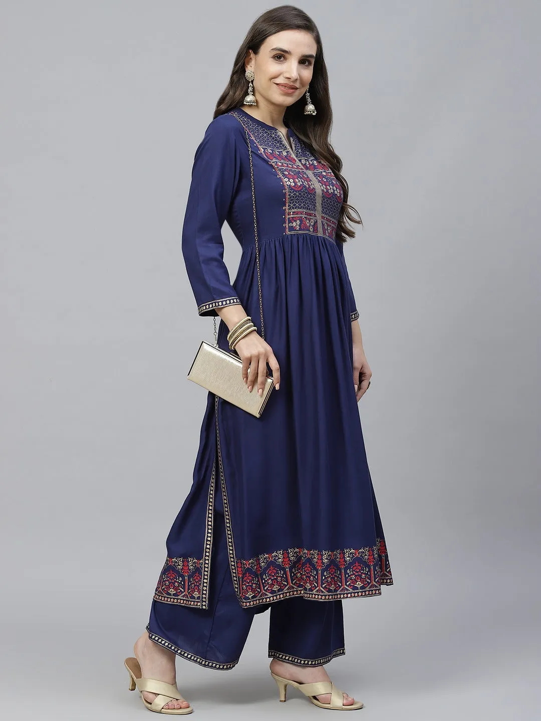 Women Navy Blue And Red Embroidered Kurta